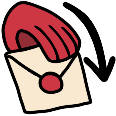 a red hand shape holding a cream-coloured envelope with a round red seal. there is a black arrow pointing downwards from the hand to the envelope.